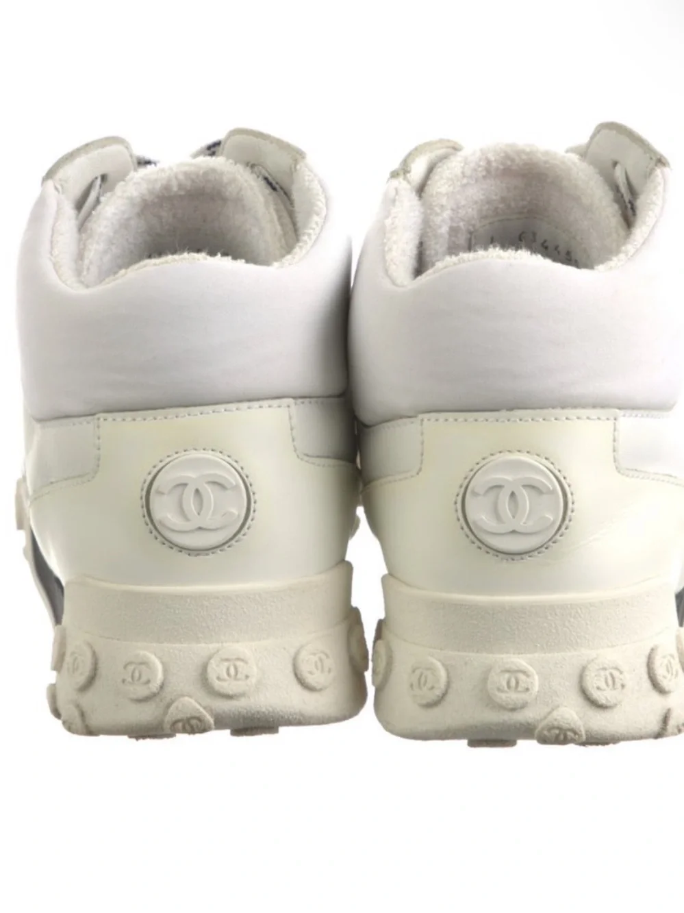CHANEL White and Black High-Top Logo Sneakers